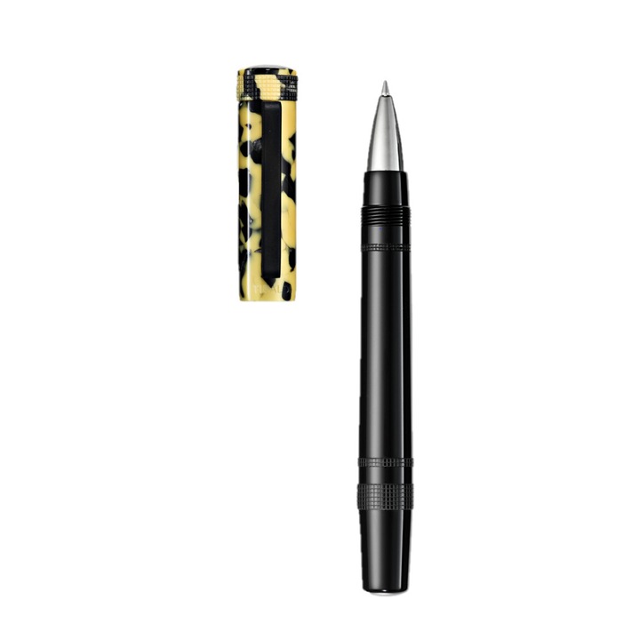 Химикалка Tibaldi Perfecta, изработена от черна и жълта смола, с гумена скоба