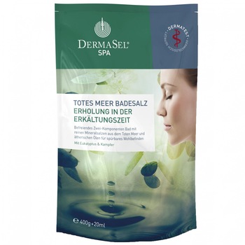 Sare de baie Dermasel de la Marea Moarta cu eucalipt si mentol, 400 g + 20 ml Sare de baie Dermasel de la Marea Moarta cu eucalipt si mentol, 400 g + 20 ml