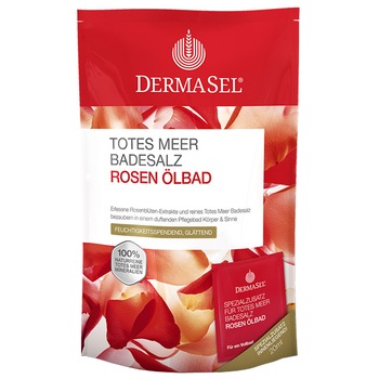Sare de baie Dermasel de la Marea Moarta cu ulei de trandafir, 400 g + 20 ml Sare de baie Dermasel de la Marea Moarta cu ulei de trandafir, 400 g + 20 ml