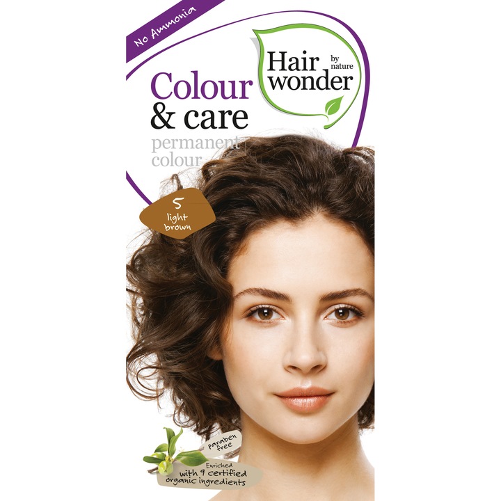 Vopsea de par Hairwonder Colour&Care, fara parabeni si fara amoniac, Light Brown 5, 100 ml