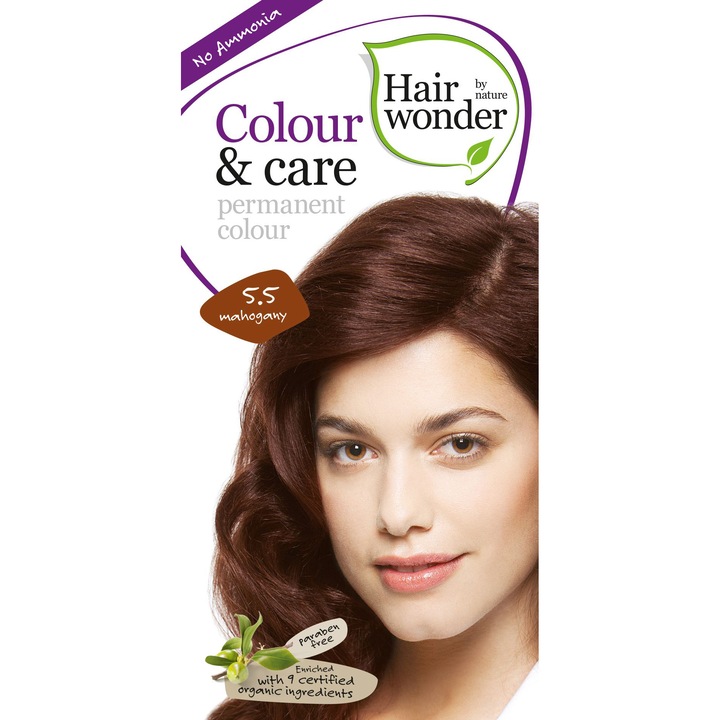 Vopsea de par Hairwonder Colour&Care, fara parabeni si fara amoniac, Mahogany 5.5, 100 ml