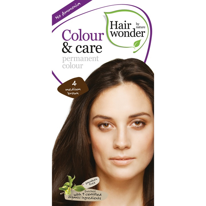 Vopsea de par Hairwonder Colour&Care, fara parabeni si fara amoniac, Medium Brown 4, 100 ml