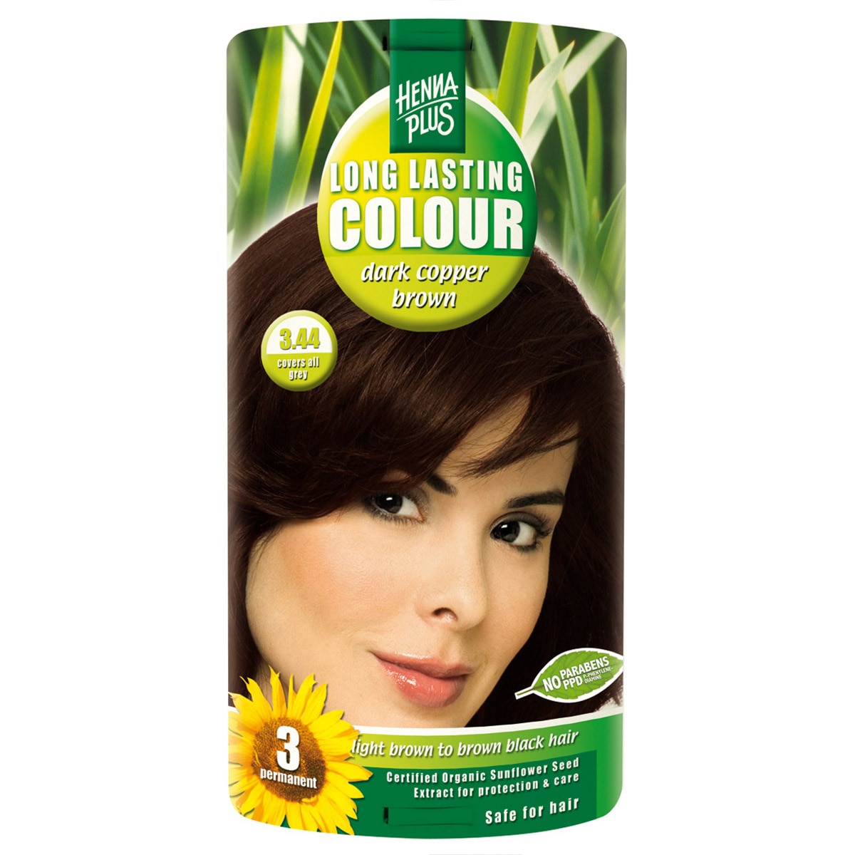 Vopsea de par permanenta Hennaplus fara parabeni Long Lasting Colour Dark Cooper Brown 3.44, 100 ml