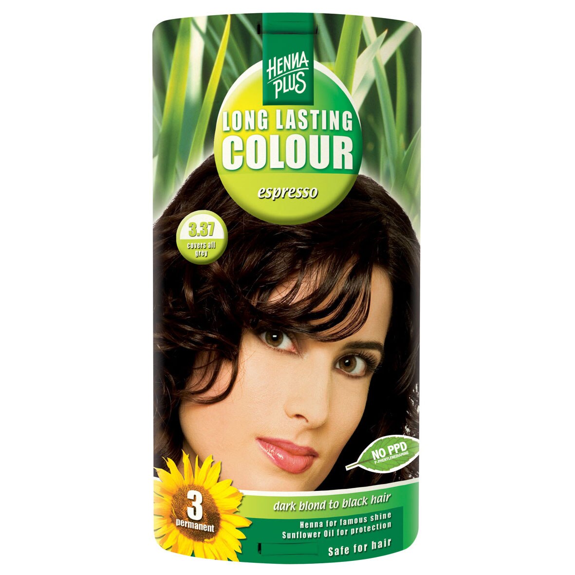 Vopsea de par permanenta Hennaplus fara parabeni Long Lasting Colour Espresso 3.37, 100 ml