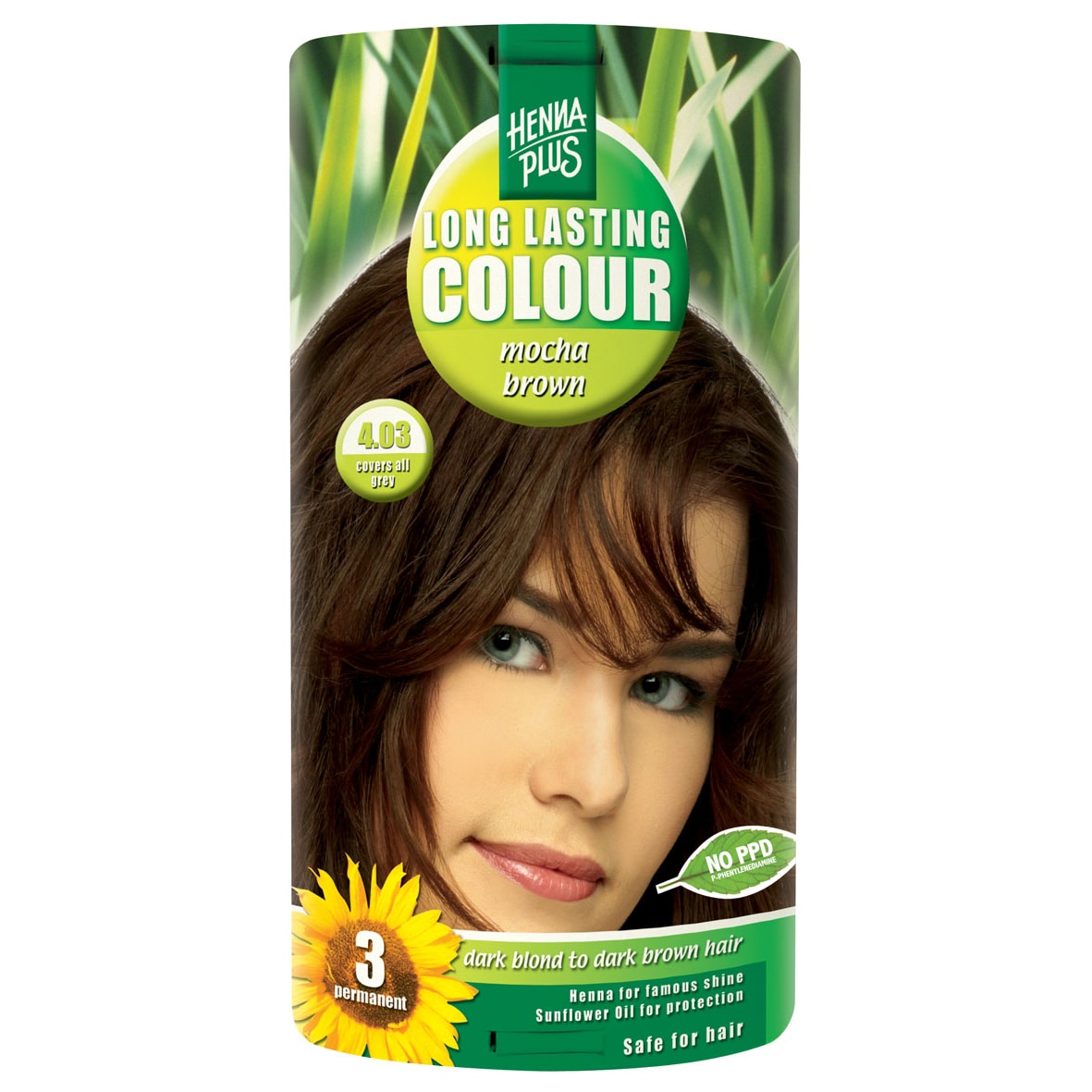 Vopsea de par permanenta Hennaplus fara parabeni Long Lasting Colour Mocha Brown 4.03, 100 ml