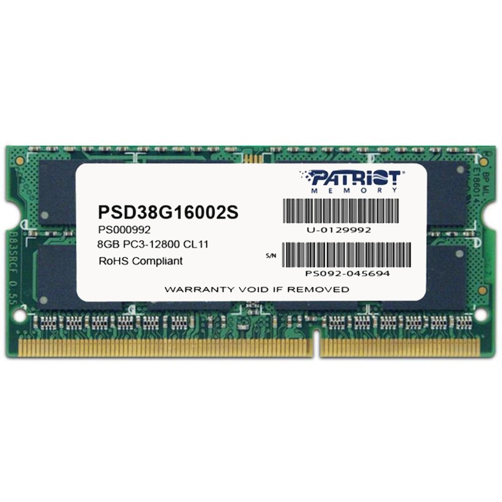 Памет за лаптоп Patriot 8GB SODIMM, DDR3, 1600MHz, CL11, 1.5V