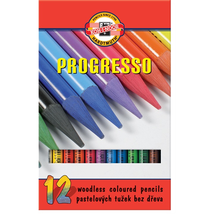 Set creioane colorate Koh-I-Noor Progresso, fara lemn, 12 culori