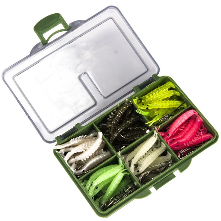 Комплект от 60 комбинирани примамки, скариди и силиконови насекоми с кукички, многоцветни, кутия за съхранение