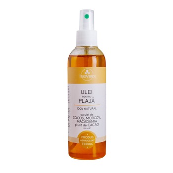 Ulei pentru plaja 100% natural cu Cocos, Morcov, Macadamia si Cacao Trio Verde, 200ml Ulei pentru plaja 100% natural cu Cocos, Morcov, Macadamia si Cacao Trio Verde, 200ml