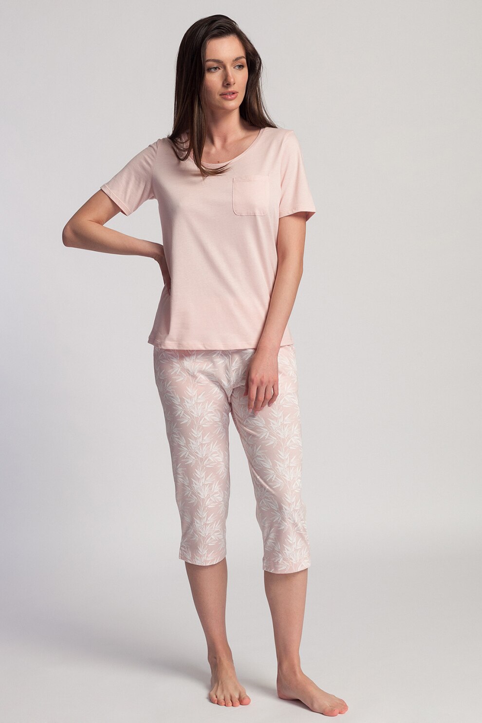 Sofiaman, Pijama de bumbac si modal cu imprimeu vegetal Clara, Roz prafuit
