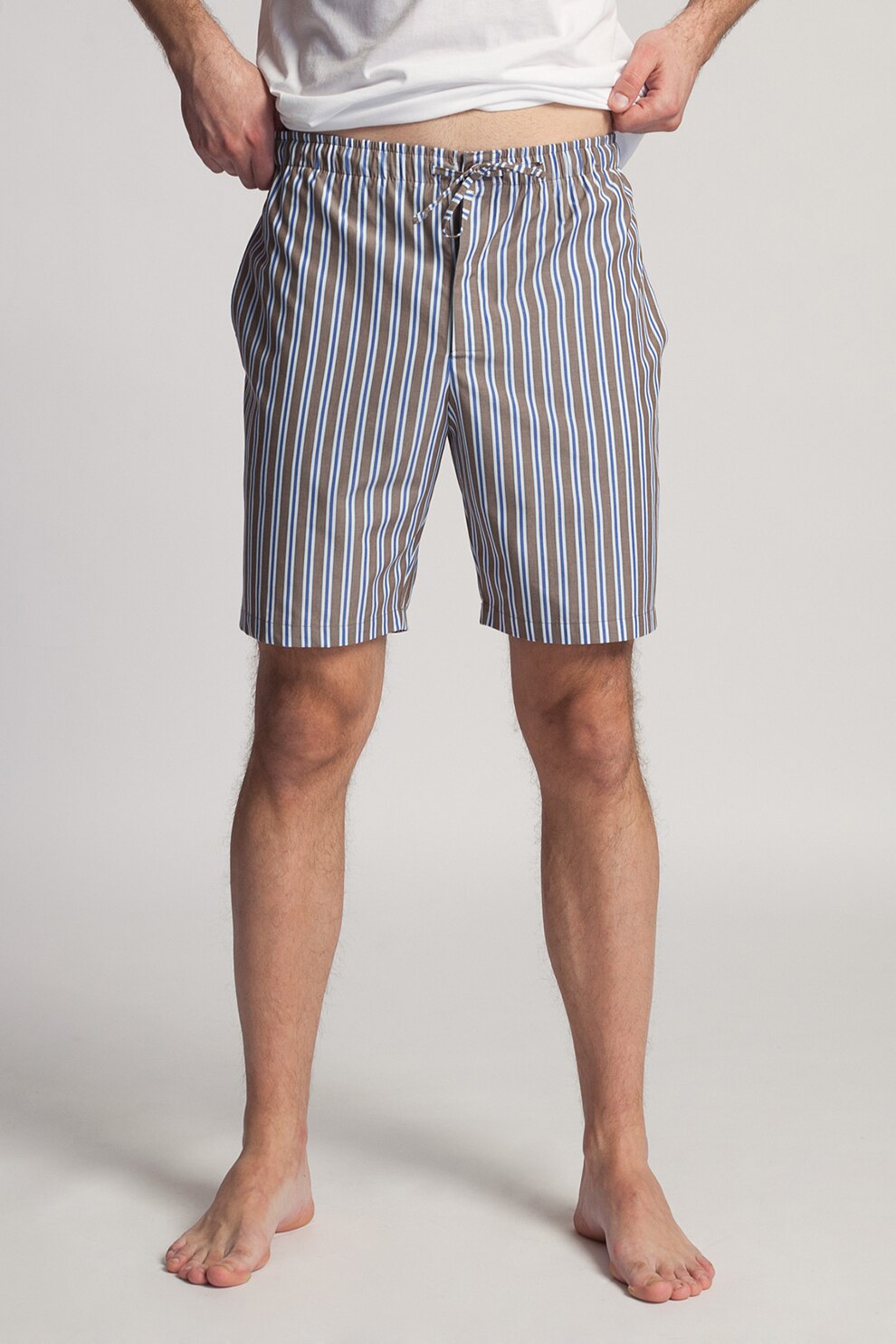 Sofiaman, Pantaloni scurti de casa cu model in dungi Victor, Alb/Maro/Albastru