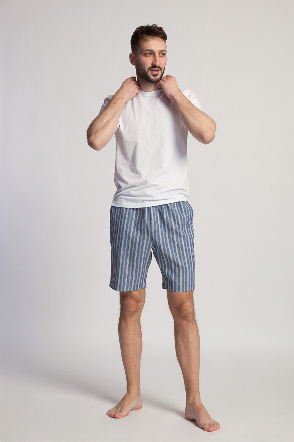 Sofiaman, Pantaloni de pijama din amestec de in cu dungi Cool, Albastru inchis melange/Alb