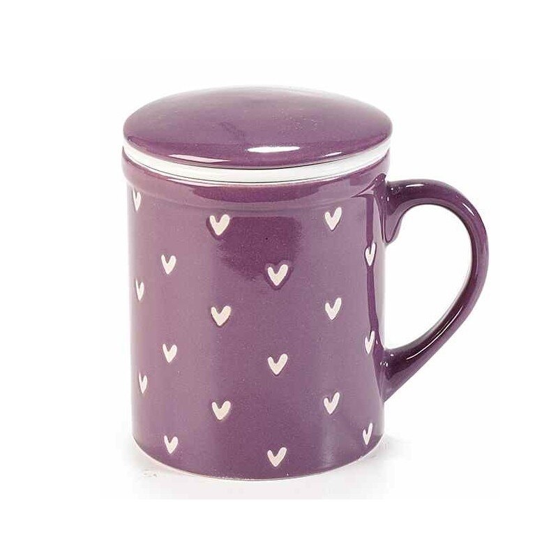 Cana cu capac si infuzor din ceramica mov alb Ø 8 cm x 10,5 h