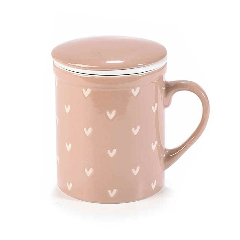 Cana cu capac si infuzor din ceramica roz prafuit alb Ø 8 cm x 10.5 h
