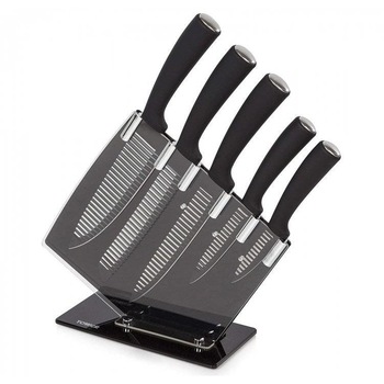 Set 5 cutite cu lama din otel inoxidabil si suport acrilic Tower T80706, culoare negru cu creste albe Set 5 cutite cu lama din otel inoxidabil si suport acrilic Tower T80706, culoare negru cu creste albe