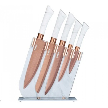 Set 5 cutite cu lama din otel inoxidabil si suport acrilic Tower T81534WR, culoare alb su rose gold si finisaj marmorat Set 5 cutite cu lama din otel inoxidabil si suport acrilic Tower T81534WR, culoare alb su rose gold si finisaj marmorat