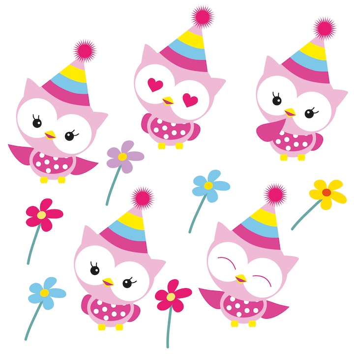 Set Abtibilduri 11 MARE pasari colorate bufnite 125cm x 250cm Roz, Autoadeziva, Decorative, Design modern