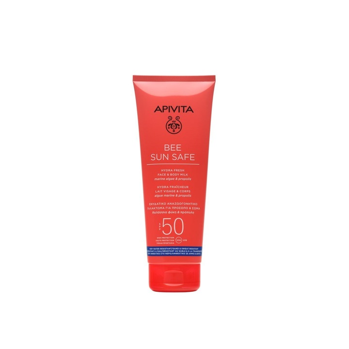 Lapte de protectie solara pentru corp si ten SPF50, cu spectru larg, potrivit pentru calatorii, Bee Sun Safe Apivita, 100 ml