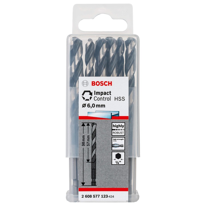 Bosch HSS Impact Control 10 darabos fém fúrószár készlet, 6 mm, bit típus 1/4"