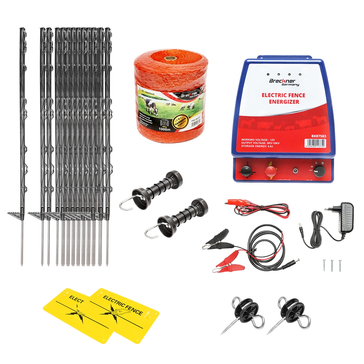 Kit complet gard electric 12/220V, 3.5 Joule lungime fir 1000m, 50 stalpi si placute avertizare Breckner Germany