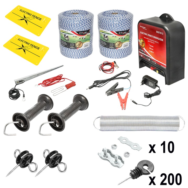 Kit complet gard electric 12/220V, 7 Joule lungime fir 2000m, 200 izolatori si placute avertizare Breckner Germany