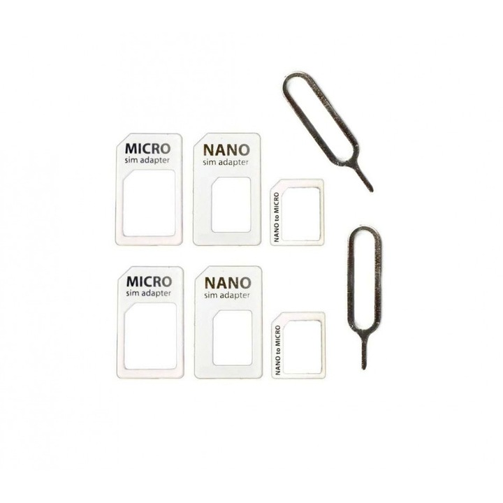 Set adaptoare Micro SIM si Nano SIM, 8 piese, Albe