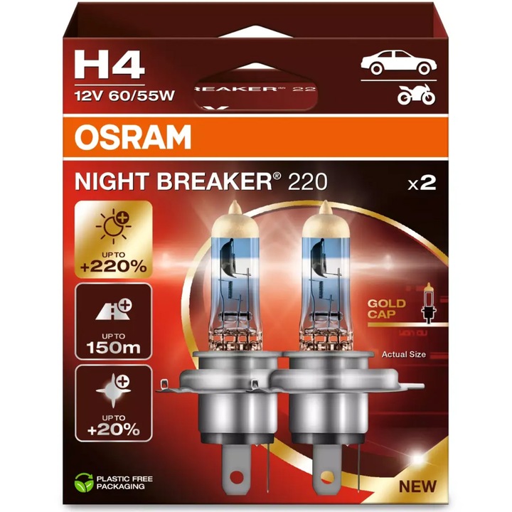 Комплект 2 халогенни крушки за фар Osram H4 Night Breaker +200% 60/55W 12V P43T, 2 броя