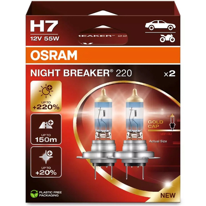 Комплект 2 халогенни крушки за фар Osram H7 Night Breaker +200% 55W 12V PX26D, 2 броя