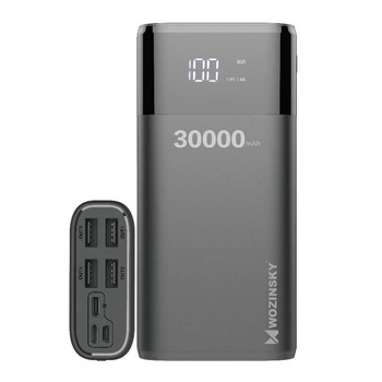 Baterie Externa Wozinsky 30.000 mAh, 4 Porturi USB + Lighting / USB C / Micro USB, 4A, Display Led, Negru Baterie Externa Wozinsky 30.000 mAh, 4 Porturi USB + Lighting / USB C / Micro USB, 4A, Display Led, Negru