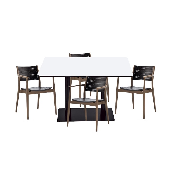 Set masa si scaune de bucatarie RAKI masa dreptunghiulara cu blat MDF melaminat 120x80x75cm cu 4 scaune SEGINIUS maro bej