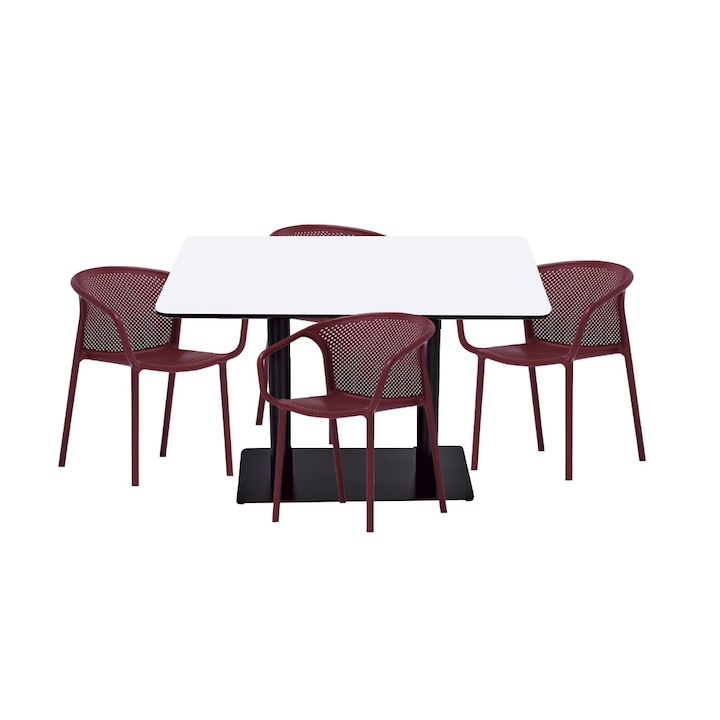 Set masa si scaune de bucatarie RAKI masa dreptunghiulara cu blat MDF melaminat 120x80x75cm cu 4 scaune cu spatar rotunjit CHICAGO bordo