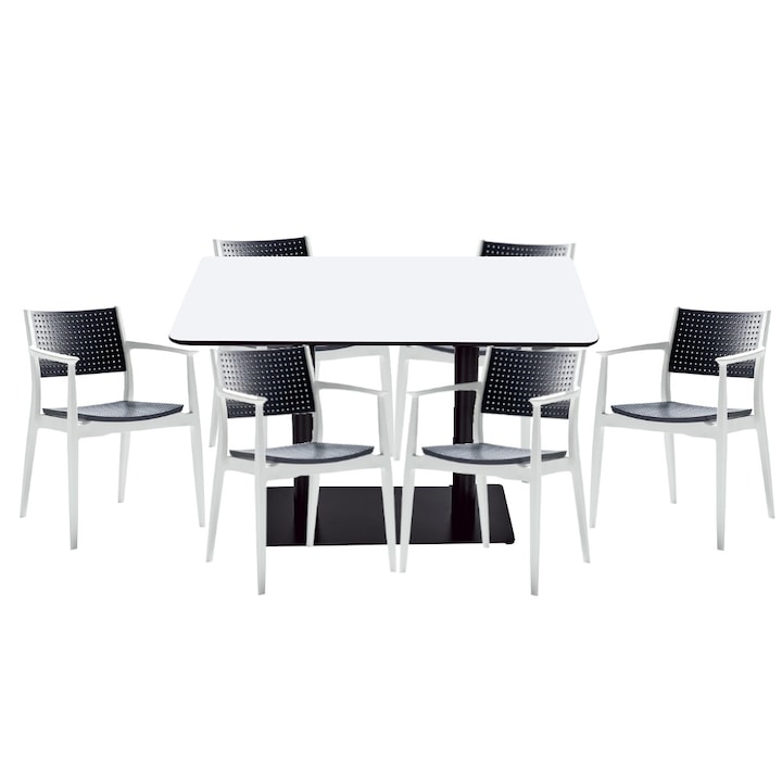 Set mobilier dining bucatarie RAKI masa dreptunghiulara cu blat MDF melaminat 120x80x75cm cu 6 scaune SEGINIUS alb antracit
