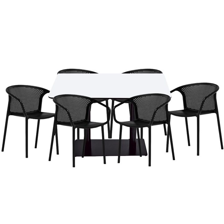 Set mobilier dining bucatarie RAKI masa dreptunghiulara cu blat MDF melaminat 120x80x75cm cu 6 scaune cu spatar rotunjit CHICAGO negru