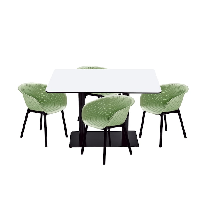 Set masa si scaune de bucatarie RAKI masa dreptunghiulara cu blat MDF melaminat 120x80x75cm cu 4 scaune tip fotoliu HAVANA verde