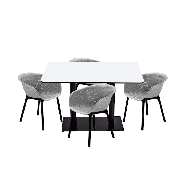 Set masa si scaune de bucatarie RAKI masa dreptunghiulara cu blat MDF melaminat 120x80x75cm cu 4 scaune tip fotoliu HAVANA gri