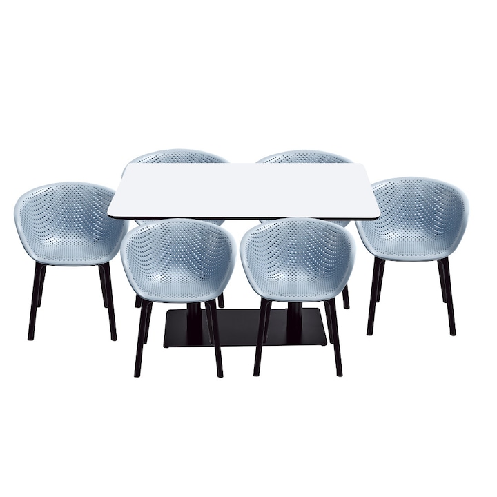 Set mobilier dining bucatarie RAKI masa dreptunghiulara cu blat MDF melaminat 120x80x75cm cu 6 scaune tip fotoliu HAVANA albastru