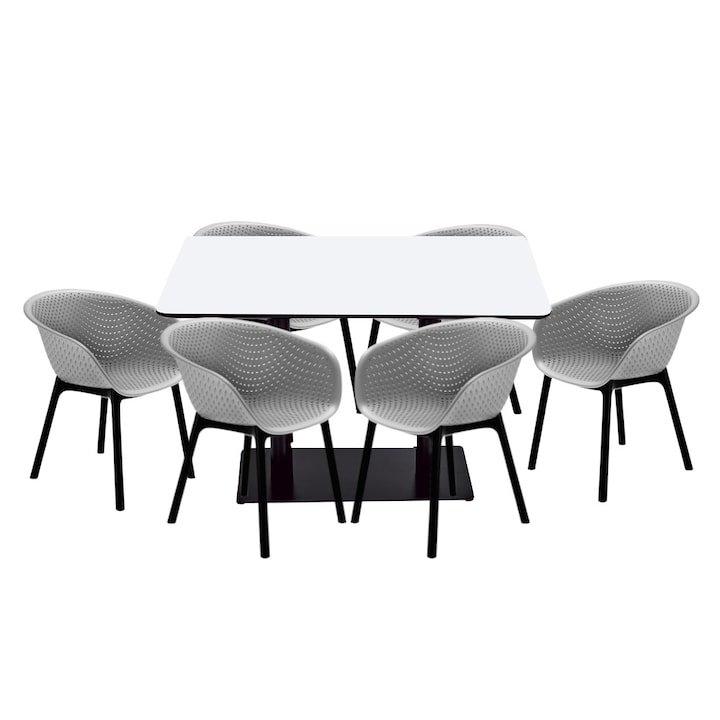 Set mobilier dining bucatarie RAKI masa dreptunghiulara cu blat MDF melaminat 120x80x75cm cu 6 scaune tip fotoliu HAVANA gri