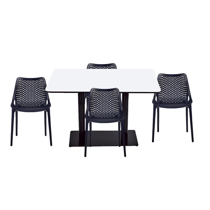 Set mobilier dining bucatarie RAKI masa dreptunghiulara cu blat MDF melaminat 120x80x75cm cu 4 scaune LONDON AIR negre