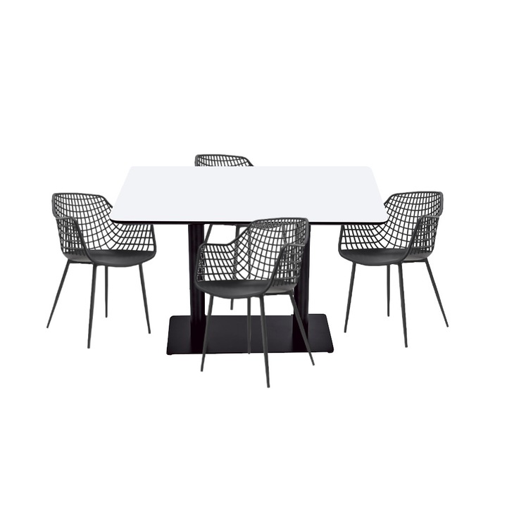 Set mobilier dining bucatarie RAKI masa dreptunghiulara cu blat MDF melaminat 120x80x75cm cu 4 scaune TOYAMA negre