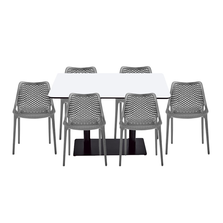 Set mobilier dining bucatarie RAKI masa dreptunghiulara cu blat MDF melaminat 120x80x75cm cu 6 scaune LONDON AIR gri