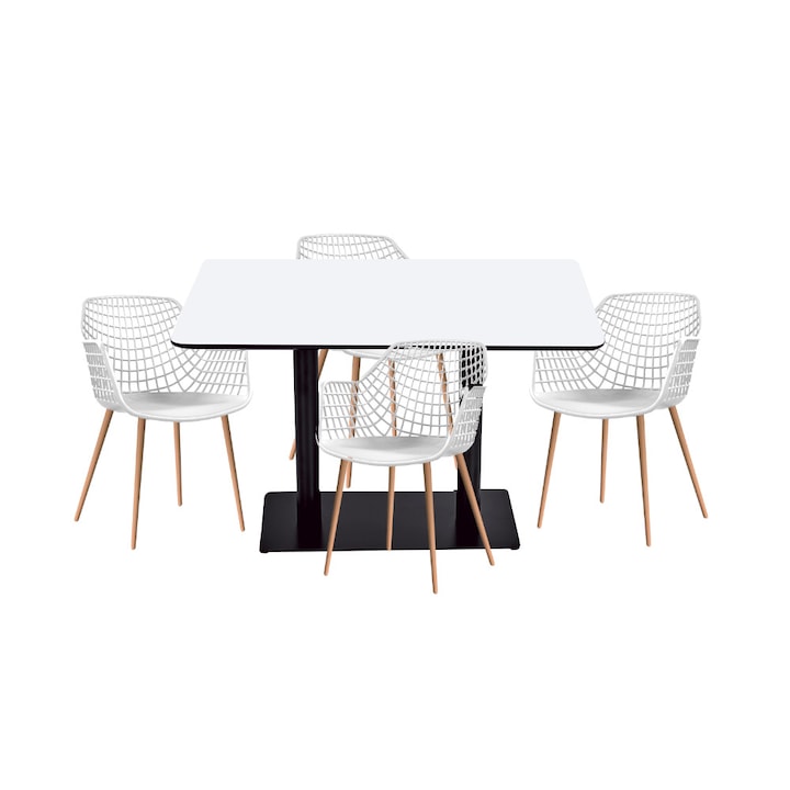 Set mobilier dining bucatarie RAKI masa dreptunghiulara cu blat MDF melaminat 120x80x75cm cu 4 scaune picioare lemn TOYAMA