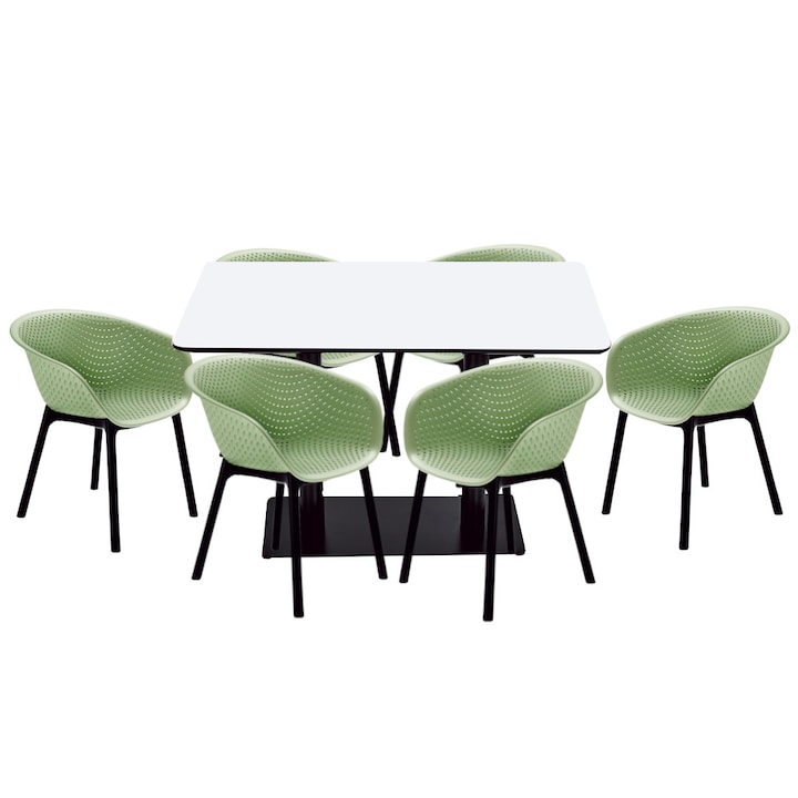 Set mobilier dining bucatarie RAKI masa dreptunghiulara cu blat MDF melaminat 120x80x75cm cu 6 scaune tip fotoliu HAVANA verde