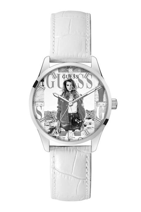 Guess, Иноксов часовник с лого на циферблата, Бял/Сребрист
