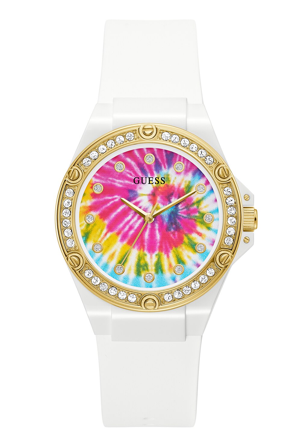 Guess, Ceas quartz decorat cu cristale zirconia, Alb/Auriu
