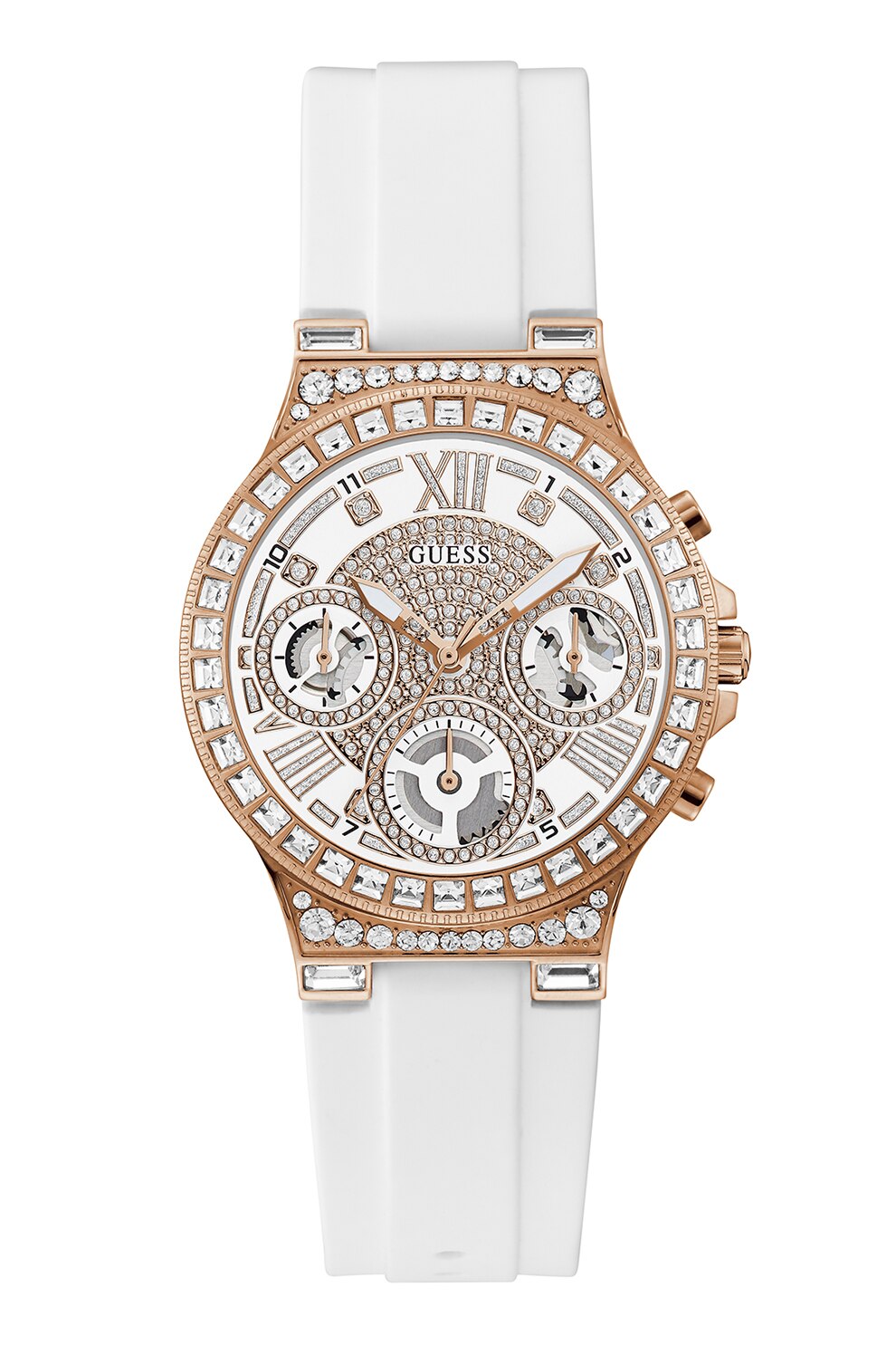 Guess, Ceas cu functii multiple si decorat cu cristale zirconia, Alb