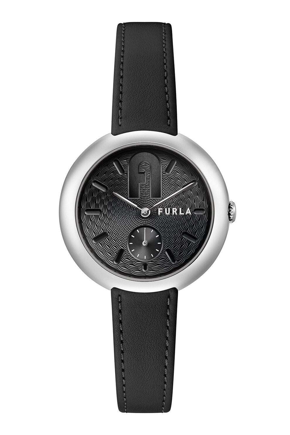 Furla, Ceas rotund analog cu cadran cu model guilloche, Negru/Argintiu