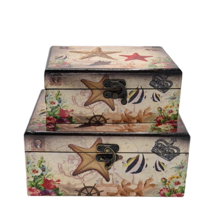 Set 2 Cutii Bijuterie Lemn ,Model Vintage , Multicolor, 20 x 10.5 x 9 cm/ 10.7 x 10.2 x 7 cm