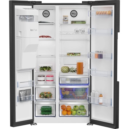 Frigider Side by side Beko GN162341XBRN, 571 l, NeoFrost Dual Cooling, HarvestFresh, Compresor inverter, Ice fall,Dozator de apa, Display touch control, Clasa E, H 179 cm, Dark inox