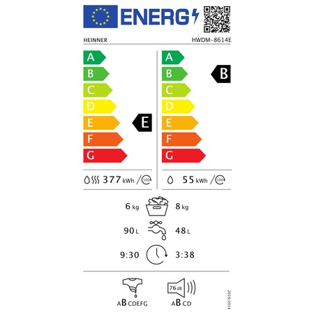 Masina de spalat rufe cu uscator Slim Heinner HWDM-8614E, Spalare 8 kg, Uscare 6 kg, 1400 RPM, Clasa B, Functie adaugare rufe, Program spalare si uscare rapid, Alb