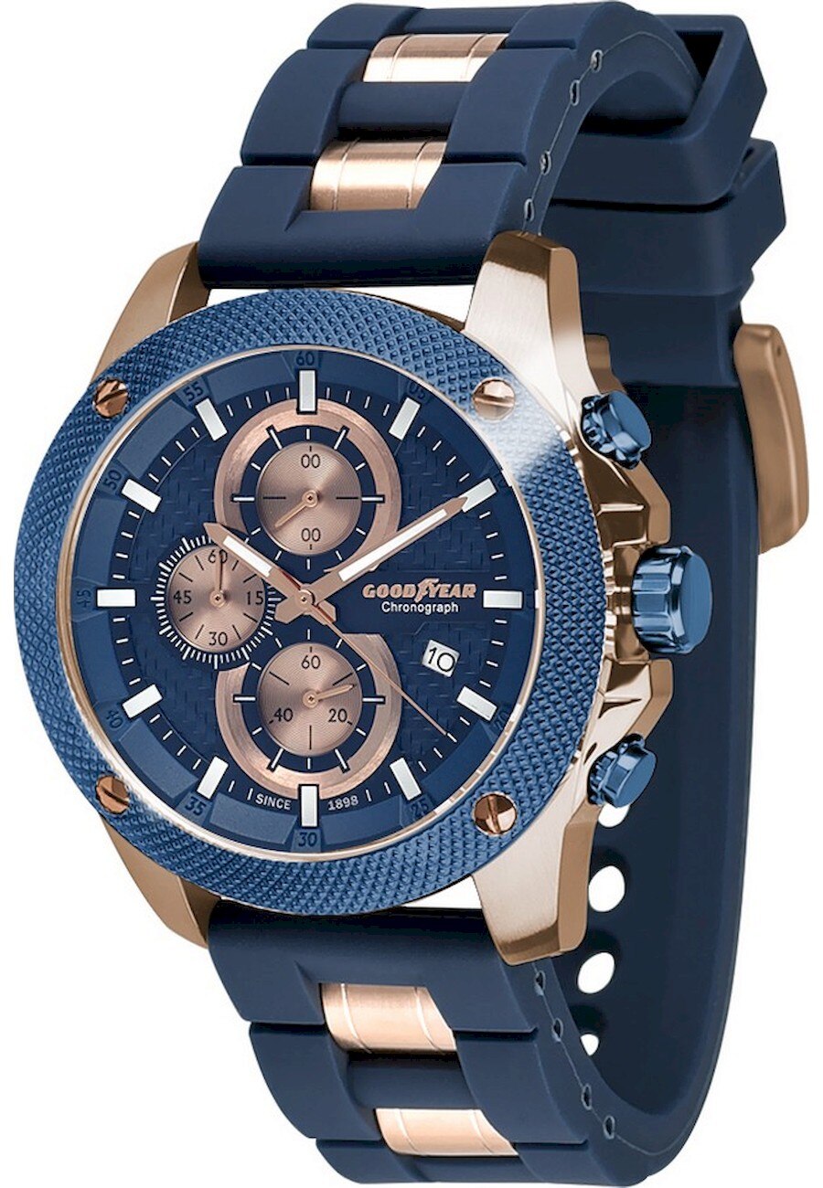 Ceas analogic, Goodyear, G.S01214.01.05, Quartz, Cronograf, 5 ATM, 48 mm, Albastru/Auriu rose